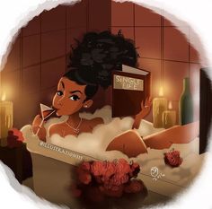 a woman laying in a bathtub with candles on the side and an open book next to her