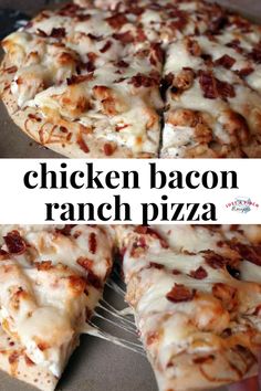 the chicken bacon ranch pizza is sliced and ready to be eaten