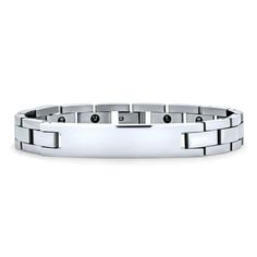 Introducing our Classic ID Bracelet, crafted with stainless steel for durability and timeless style. Its sophisticated design showcases a captivating tile detail, while the gleaming stainless steel bracelet adds a touch of elegance with a modern twist. Perfectly suited for wrists measuring 8.5 inches, this bracelet offers a secure and functional fit with its interlocking snap clasp. Elevate your accessory game with this exquisite piece that effortlessly combines classic charm and contemporary al Jewelry Mens, Leather Wristbands, Modern Accessories, Stainless Steel Bangles, Id Bracelets, Jewelry Model, Bracelet For Men, Classic Jewelry