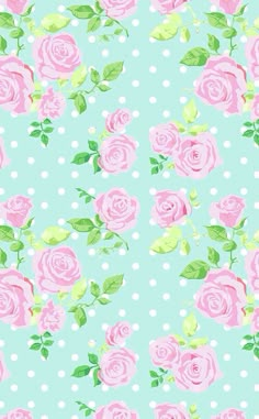 pink roses and green leaves on a blue background with white polka dot dots, seamlessly