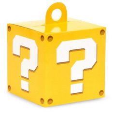 a yellow box with two question marks on it