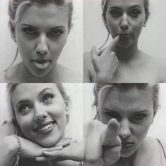 four different pictures of a woman making faces with her fingers on her lips and nose