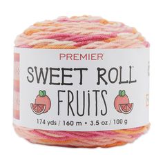 a ball of pink and orange yarn with the words, sweet roll fruits on it