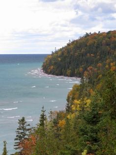 an ocean view with trees in the foreground