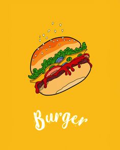 a drawing of a burger with ketchup and mayonnaise on yellow background