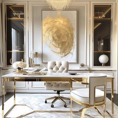 a white and gold home office with art work on the wall, chandelier