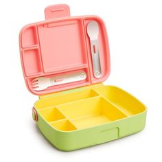 Preschoolers can be particular about everything  especially food. Munchkin's Lunch Bento Box with Utensils is here to rescue you from picky eating, lunch packing woes. Designed to fit small portions and small hands, our kids bento box is what healthy school lunches are all about. Ditch disposable bags and pack lunch, snacks, treats and all in a bento-style box thats as cute as it is practical. The 5 divided compartments ensure that foods wont touch and are just the right mix of sizes for a kid-f Kids Lunch Box Containers, Bentgo Box, Kids Lunch Containers, Bento Box For Kids, Lunch Box School, Lunchbox Kids, Kotak Bento, Toddler Lunch Box, Barbie Bathroom