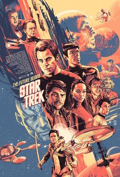 the star trek movie poster is shown with many people in space around it and an orange background