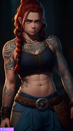 a woman with red hair and tattoos standing in front of a dark background, looking at the camera