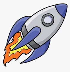 a cartoon rocket ship flying in the sky with its wheels down and flames coming out