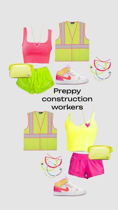 various types of clothing and shoes are shown with the words preppy construction workers on them