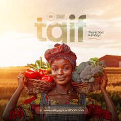 a woman holding a basket full of vegetables in front of her face with the words tail on it