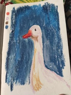 An oil pastel drawing of a duck. Drawing Of A Duck, Oil Pastels Drawing, Duck Drawing, Crayon Drawings, Pastel Artwork, Arte Van Gogh