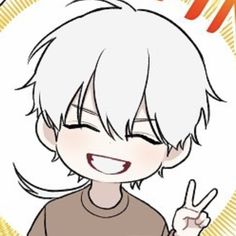 an anime character with white hair making the peace sign in front of his face and smiling