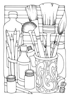 a black and white drawing of brushes in a vase with the words, click here full resolution