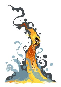 an orange and black fire with water splashing around it