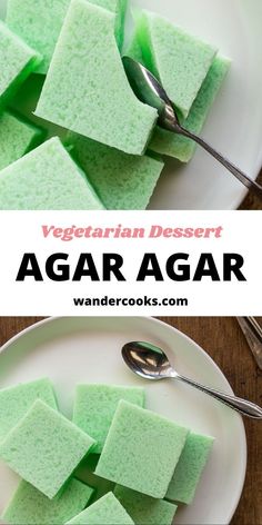 there is a white plate with green sugar on it and the words vegetarian dessert agar