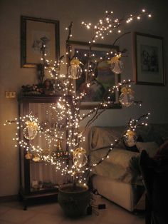 a lighted tree in the corner of a living room