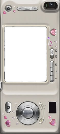 an image of a silver camera with pink hearts on it's side and a white screen