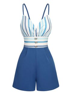 [Pre-Sale] Blue 1950s Stripe Back Strap Romper | Retro Stage 50s Summer Fashion, Boss Attire, Womens Rompers, Swaggy Fits, Vintage Romper, Romper Suit, Fashion 1950s