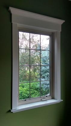 a window in a green room with trees outside