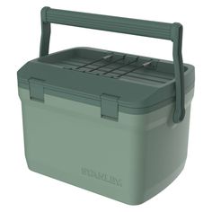 a large green cooler with handles on it