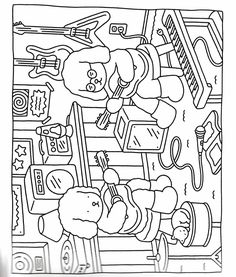 a black and white drawing of children playing in a playroom with toys on the floor