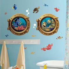 the little mermaid wall decals are in an ocean themed bathroom with bubbles and sea animals