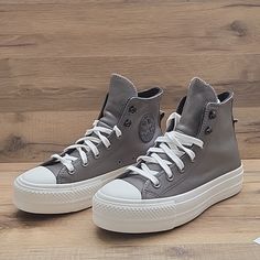 Converse High Top Brand New Platform In The Box No Lid Authentic Uper Leather Size Women's 7. Gray Leather Converse Sneakers, Converse High Top, Shoes Converse, Converse White, Converse High, Converse High Tops, Womens Converse, Converse Shoes, The Box