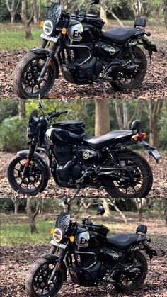 three motorcycles are parked in the woods near some trees and leaves, one is black