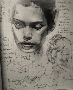 a drawing of a woman's face with various facial expressions and writing on it