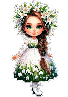 a drawing of a girl with long hair and flowers in her hair, wearing a white dress