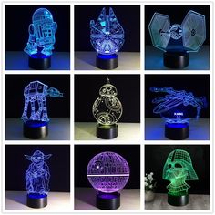 star wars light up figurines are shown in different colors and sizes, including the lights