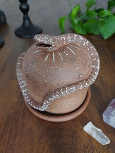 a brown hat sitting on top of a wooden table next to some rocks and plants