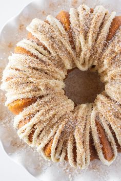 a bundt cake with powdered sugar on top sits on a white platter