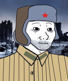 a man with a red star on his hat is in front of a destroyed city