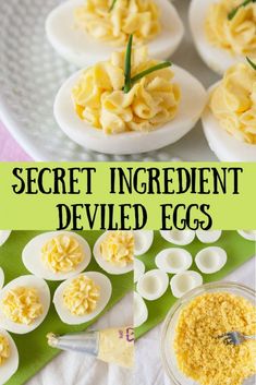 deviled eggs in deviled egg shells on a plate with the words secret ingredient deviled eggs