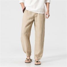 Men's Linen Pants Trousers Summer Pants Beach Pants Drawstring Elastic Waist Straight Leg Plain Comfort Outdoor Casual Daily Linen / Cotton Blend Basic Streetwear Black Khaki Khaki Bottoms For Summer Leisure, Khaki Bottoms For Leisure In Summer, Casual Beige Harem Pants For Vacation, Casual Parachute Pants For Beach, Khaki Tapered Leg Harem Pants For Summer, Beige Non-stretch Cargo Pants For Summer, Summer Non-stretch Beige Cargo Pants, Khaki Cotton Beach Pants, Beach Khaki Cotton Pants