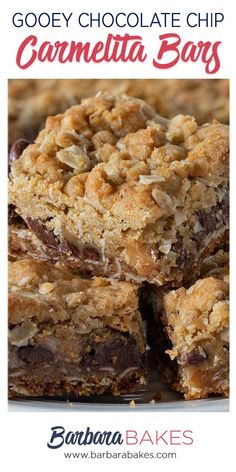 gooey chocolate chip caramelia bars with text that reads gooey chocolate chip caramelia bars