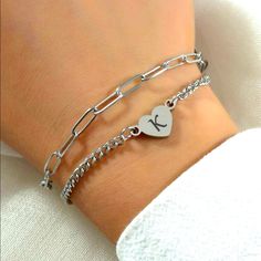 Layers Heart And Letter “K” Bracelet Silver Nwt Casual Heart Charm Bracelet For Everyday Wear, Casual Everyday Heart Bracelet For Valentine's Day, Initial Bracelet K, Silver Heart-shaped Bracelet Gift, Adjustable Silver Stainless Steel Heart Bracelet, Silver Bracelets With Initials For Valentine's Day, Silver Heart-shaped Bracelets With Charms, K Bracelet, K Letter