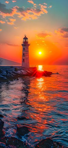 the sun is setting behind a light house in the middle of the ocean with waves