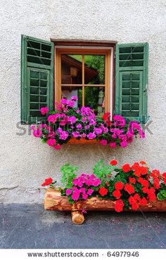 a window with green shutters and pink flowers in the flower box next to it