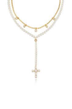 Pearl Cross Drop Lariat Necklace Set Pearl Cross Necklace, Holiday Tops, Fashion Business, Jewelry Inspo, Lariat Necklace, Gold Plated Necklace, Pearl Size, Business Fashion, Necklace Set