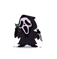 a cartoon character holding a knife and wearing a grimy outfit with a ghost face on it