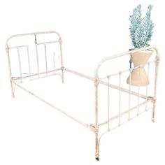 a white metal bed frame with a plant on top