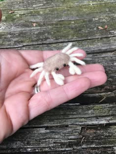 a hand holding a tiny toy crab in it's palm on a wooden table