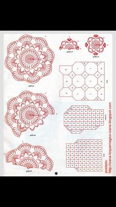 the instructions for crocheted doidling are shown in red and white, with an intricate