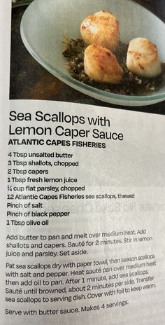 the recipe for sea scallops with lemon caper sauce is shown in an article