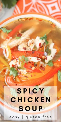 a bowl of chicken soup with peppers Spicy Chicken Vegetable Soup, Spicy Italian Chicken Soup, Hot And Spicy Soup, Healthy Spicy Soup Recipes, Spicy Chicken Soup Crockpot, Soup With Peppers, Chicken Pepper Soup, Healthy Spicy Chicken, Spicy Chicken Soup Recipes