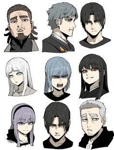 some anime characters with different hair colors and facial expressions, all in black and white